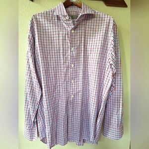 Canali Mens Red/White/Blue Checked Dress Shirt Button Up Collared Size 42-16 1/2